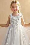 Akaks Eria Frost Flower Girl Dress A-Line V-neck Lace Tulle Asymmetrical Hem Sleeveless 3D White Flowers Dress Image914370