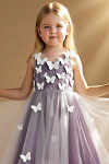 Akaks Eria Grape Flower Girl Dress A-Line V-neck Lace Tulle Asymmetrical Hem Sleeveless 3D White Flowers Dress Image633134