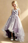 Akaks Eria Grape Flower Girl Dress A-Line V-neck Lace Tulle Asymmetrical Hem Sleeveless 3D White Flowers Dress Image858229