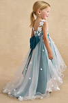 Akaks Eria Ink Blue Flower Girl Dress A-Line V-neck Lace Tulle Asymmetrical Hem Sleeveless 3D White Flowers Dress Image316567