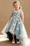Akaks Eria Ink Blue Flower Girl Dress A-Line V-neck Lace Tulle Asymmetrical Hem Sleeveless 3D White Flowers Dress Image449478