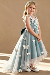 Akaks Eria Ink Blue Flower Girl Dress A-Line V-neck Lace Tulle Asymmetrical Hem Sleeveless 3D White Flowers Dress Image488612