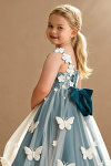 Akaks Eria Ink Blue Flower Girl Dress A-Line V-neck Lace Tulle Asymmetrical Hem Sleeveless 3D White Flowers Dress Image502249