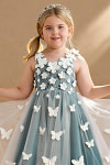 Akaks Eria Ink Blue Flower Girl Dress A-Line V-neck Lace Tulle Asymmetrical Hem Sleeveless 3D White Flowers Dress Image806148