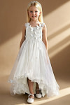 Akaks Eria Ivory Flower Girl Dress A-Line V-neck Lace Tulle Asymmetrical Hem Sleeveless 3D White Flowers Dress Image623455