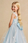 Akaks Eria Light Blue Flower Girl Dress A-Line V-neck Lace Tulle Asymmetrical Hem Sleeveless 3D White Flowers Dress Image267795