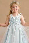 Akaks Eria Light Blue Flower Girl Dress A-Line V-neck Lace Tulle Asymmetrical Hem Sleeveless 3D White Flowers Dress Image425034