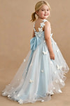 Akaks Eria Light Blue Flower Girl Dress A-Line V-neck Lace Tulle Asymmetrical Hem Sleeveless 3D White Flowers Dress Image720205