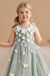 Akaks Eria Matcha Flower Girl Dress A-Line Lace Tulle Asymmetrical Hem Sleeveless V-neck 3D White Flowers Dress Image639586