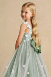Akaks Eria Matcha Flower Girl Dress A-Line Lace Tulle Asymmetrical Hem Sleeveless V-neck 3D White Flowers Dress Image762431