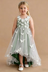 Akaks Eria Matcha Flower Girl Dress A-Line Lace Tulle Asymmetrical Hem Sleeveless V-neck 3D White Flowers Dress Image794713