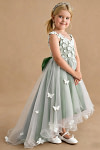 Akaks Eria Matcha Flower Girl Dress A-Line Lace Tulle Asymmetrical Hem Sleeveless V-neck 3D White Flowers Dress Image813615