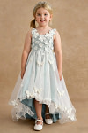 Akaks Eria Mist Blue Flower Girl Dress A-Line V-neck Lace Tulle Asymmetrical Hem Sleeveless 3D White Flowers Dress Image109087