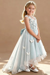 Akaks Eria Mist Blue Flower Girl Dress A-Line V-neck Lace Tulle Asymmetrical Hem Sleeveless 3D White Flowers Dress Image219917
