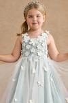 Akaks Eria Mist Blue Flower Girl Dress A-Line V-neck Lace Tulle Asymmetrical Hem Sleeveless 3D White Flowers Dress Image272356