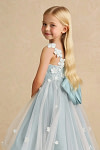 Akaks Eria Mist Blue Flower Girl Dress A-Line V-neck Lace Tulle Asymmetrical Hem Sleeveless 3D White Flowers Dress Image978823