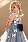 Akaks Eria Navy Flower Girl Dress A-Line V-neck Lace Tulle Asymmetrical Hem Sleeveless 3D White Flowers Dress Image180628