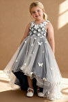 Akaks Eria Navy Flower Girl Dress A-Line V-neck Lace Tulle Asymmetrical Hem Sleeveless 3D White Flowers Dress Image307799