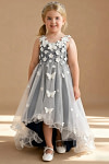 Akaks Eria Navy Flower Girl Dress A-Line V-neck Lace Tulle Asymmetrical Hem Sleeveless 3D White Flowers Dress Image318566