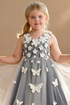 Akaks Eria Navy Flower Girl Dress A-Line V-neck Lace Tulle Asymmetrical Hem Sleeveless 3D White Flowers Dress Image701998