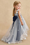 Akaks Eria Navy Flower Girl Dress A-Line V-neck Lace Tulle Asymmetrical Hem Sleeveless 3D White Flowers Dress Image989923
