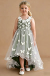 Akaks Eria Olive Green Flower Girl Dress A-Line Lace Tulle Asymmetrical Hem Sleeveless V-neck 3D White Flowers Dress Image201465