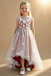 Akaks Eria Paprika Flower Girl Dress A-Line V-neck Lace Tulle Asymmetrical Hem Sleeveless 3D White Flowers Dress Image533252