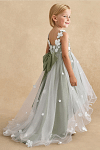 Akaks Eria Pistachio Flower Girl Dress A-Line Lace Tulle Asymmetrical Hem Sleeveless V-neck 3D White Flowers Dress Image124073