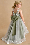 Akaks Eria Pistachio Flower Girl Dress A-Line Lace Tulle Asymmetrical Hem Sleeveless V-neck 3D White Flowers Dress Image315733