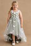 Akaks Eria Pistachio Flower Girl Dress A-Line Lace Tulle Asymmetrical Hem Sleeveless V-neck 3D White Flowers Dress Image604099