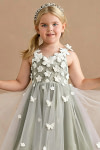 Akaks Eria Pistachio Flower Girl Dress A-Line Lace Tulle Asymmetrical Hem Sleeveless V-neck 3D White Flowers Dress Image635883