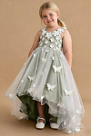 Akaks Eria Pistachio Flower Girl Dress A-Line Lace Tulle Asymmetrical Hem Sleeveless V-neck 3D White Flowers Dress Image953541