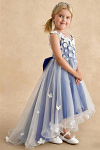 Akaks Eria Royal Blue Flower Girl Dress A-Line V-neck Lace Tulle Asymmetrical Hem Sleeveless 3D White Flowers Dress Image230852