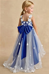Akaks Eria Royal Blue Flower Girl Dress A-Line V-neck Lace Tulle Asymmetrical Hem Sleeveless 3D White Flowers Dress Image697523