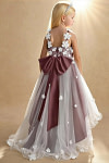 Akaks Eria Sangria Flower Girl Dress A-Line V-neck Lace Tulle Asymmetrical Hem Sleeveless 3D White Flowers Dress Image843780