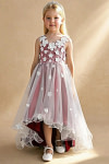 Akaks Eria Scarlet Flower Girl Dress A-Line V-neck Lace Tulle Asymmetrical Hem Sleeveless 3D White Flowers Dress Image775033