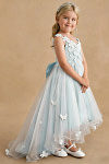 Akaks Eria Sea Glass Flower Girl Dress A-Line V-neck Lace Tulle Asymmetrical Hem Sleeveless 3D White Flowers Dress Image488550