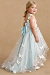 Akaks Eria Sea Glass Flower Girl Dress A-Line V-neck Lace Tulle Asymmetrical Hem Sleeveless 3D White Flowers Dress Image534067