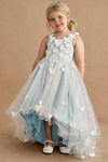 Akaks Eria Sea Glass Flower Girl Dress A-Line V-neck Lace Tulle Asymmetrical Hem Sleeveless 3D White Flowers Dress Image632237