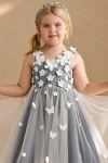 Akaks Eria Stormy Blue Flower Girl Dress A-Line V-neck Lace Tulle Asymmetrical Hem Sleeveless 3D White Flowers Dress Image119693