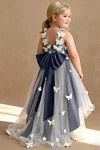 Akaks Eria Stormy Blue Flower Girl Dress A-Line V-neck Lace Tulle Asymmetrical Hem Sleeveless 3D White Flowers Dress Image231006