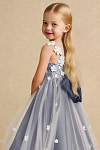 Akaks Eria Stormy Blue Flower Girl Dress A-Line V-neck Lace Tulle Asymmetrical Hem Sleeveless 3D White Flowers Dress Image307236