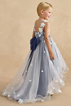 Akaks Eria Stormy Blue Flower Girl Dress A-Line V-neck Lace Tulle Asymmetrical Hem Sleeveless 3D White Flowers Dress Image601245