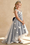 Akaks Eria Stormy Blue Flower Girl Dress A-Line V-neck Lace Tulle Asymmetrical Hem Sleeveless 3D White Flowers Dress Image951284