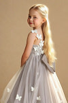 Akaks Eria Taupe Flower Girl Dress A-Line V-neck Lace Tulle Asymmetrical Hem Sleeveless 3D White Flowers Dress Image118042