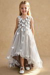 Akaks Eria Taupe Flower Girl Dress A-Line V-neck Lace Tulle Asymmetrical Hem Sleeveless 3D White Flowers Dress Image423111