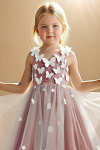 Akaks Eria Terracotta Flower Girl Dress A-Line V-neck Lace Tulle Asymmetrical Hem Sleeveless 3D White Flowers Dress Image809421