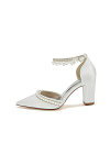 Akaks Jessa Block Heel Pointed Toe Pumps White with Pearls Image997124