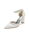 Akaks Jessa Block Heel Pointed Toe Pumps White with Pearls
