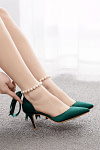 Akaks Nadia Emerald Green Satin Bow Pointed Toe Heels with Pearls Image106049